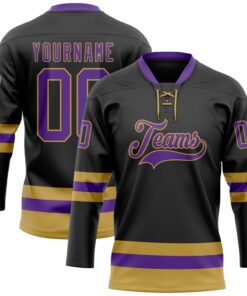 Custom Black Purple-Old Gold Hockey Lace Neck Jersey