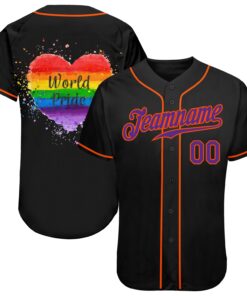 Custom Black Purple-Orange Rainbow Colored Heart For World Pride LGBT Authentic Baseball Jersey