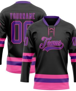 Custom Black Purple-Pink Hockey Lace Neck Jersey