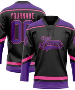 Custom Black Purple-Pink Hockey Lace Neck Jersey
