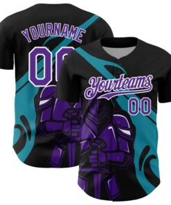 Custom Black Purple-Teal 3D Pattern Design Knight Hero Art Authentic Baseball Jersey