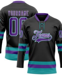Custom Black Purple-Teal Hockey Lace Neck Jersey