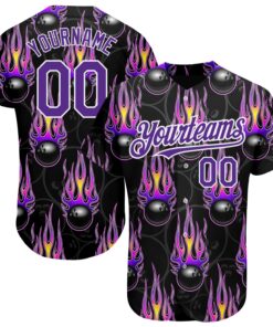 Custom Black Purple-White 3D Pattern Design Bowling Ball With Hotrod Flame Authentic Baseball Jersey