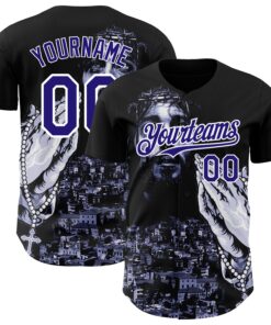 Custom Black Purple-White 3D Pattern Design Religion Jesus Christ Authentic Baseball Jersey
