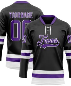 Custom Black Purple-White Hockey Lace Neck Jersey