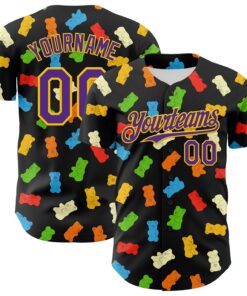 Custom Black Purple-Yellow 3D Pattern Design Foodie Food Snack Gummy Bear Authentic Baseball Jersey
