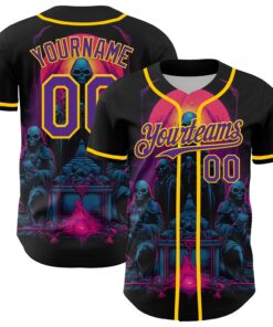 Custom Black Purple-Yellow 3D Pattern Design Rave Skull Authentic Baseball Jersey