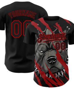Custom Black Red 3D Pattern Design Animal Pitbull Dog Authentic Baseball Jersey