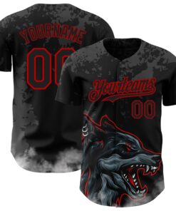 Custom Black Red 3D Pattern Design Animal Wolf Authentic Baseball Jersey