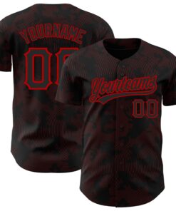Custom Black Red 3D Pattern Design Curve Lines Authentic Baseball Jersey
