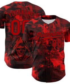 Custom Black Red 3D Pattern Design Rave Skull Authentic Baseball Jersey