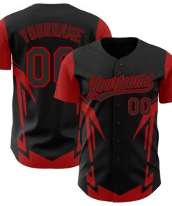 Custom Black Red 3D Pattern Design Side Sharp Edges Authentic Baseball Jersey