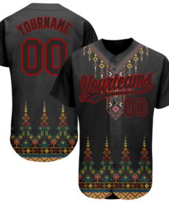 Custom Black Red 3D Pattern Design Traditional African Ethnic Style Authentic Baseball Jersey