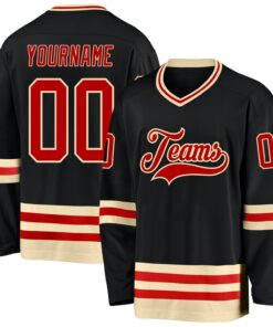 Custom Black Red-Cream Hockey Jersey