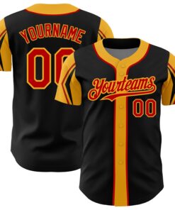 Custom Black Red-Gold 3 Colors Arm Shapes Authentic Baseball Jersey