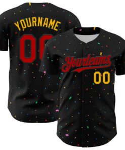 Custom Black Red-Gold 3D Pattern Design Confetti Authentic Baseball Jersey