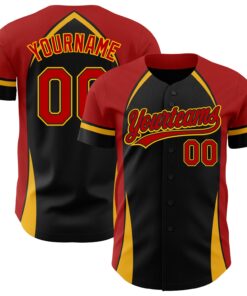 Custom Black Red-Gold 3D Pattern Design Curve Solid Authentic Baseball Jersey