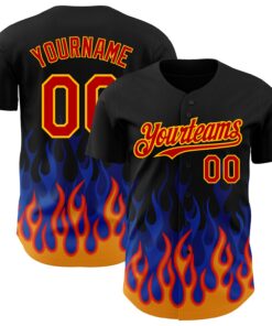 Custom Black Red-Gold 3D Pattern Design Flame Authentic Baseball Jersey