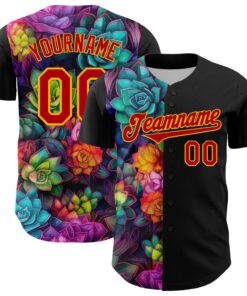 Custom Black Red-Gold 3D Pattern Design Rave Flower Authentic Baseball Jersey