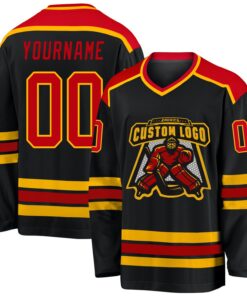 Custom Black Red-Gold Hockey Jersey