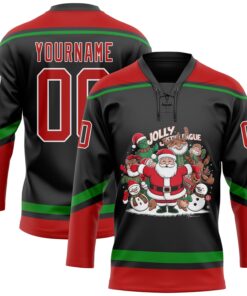 Custom Black Red-Grass Green Funny Christmas 3D Hockey Lace Neck Jersey