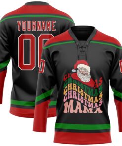 Custom Black Red-Grass Green Funny Christmas 3D Hockey Lace Neck Jersey
