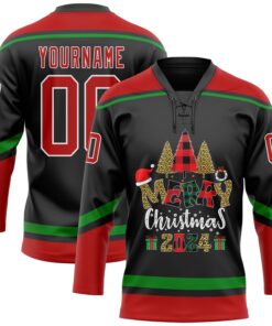 Custom Black Red-Grass Green Funny Christmas 3D Hockey Lace Neck Jersey