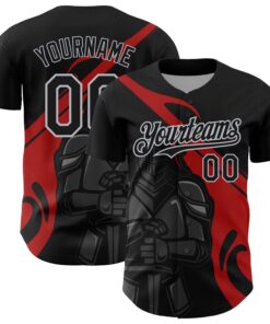 Custom Black Red-Gray 3D Pattern Design Knight Hero Art Authentic Baseball Jersey