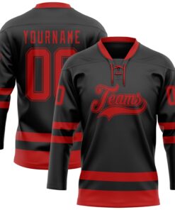 Custom Black Red Hockey Lace Neck Jersey