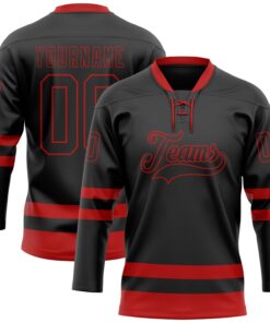 Custom Black Red Hockey Lace Neck Jersey
