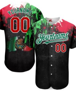 Custom Black Red Kelly Green 3D Mexican Flag Watercolored Splashes Grunge Design Authentic Baseball Jersey