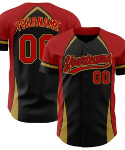 Custom Black Red-Old Gold 3D Pattern Design Curve Solid Authentic Baseball Jersey