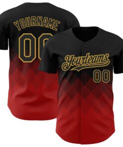 Custom Black Red-Old Gold 3D Pattern Design Gradient Square Shapes Authentic Baseball Jersey