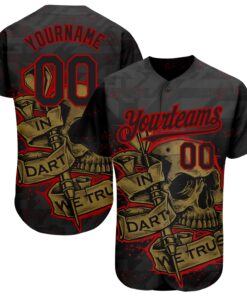 Custom Black Red-Old Gold 3D Pattern Design In Dart We Trust Authentic Baseball Jersey