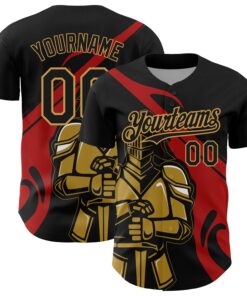 Custom Black Red-Old Gold 3D Pattern Design Knight Hero Art Authentic Baseball Jersey