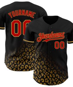 Custom Black Red-Old Gold 3D Pattern Design Leopard Print Fade Fashion Authentic Baseball Jersey