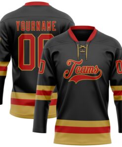 Custom Black Red-Old Gold Hockey Lace Neck Jersey