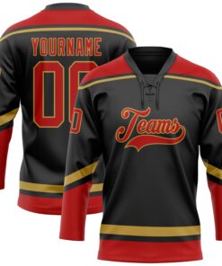 Custom Black Red-Old Gold Hockey Lace Neck Jersey
