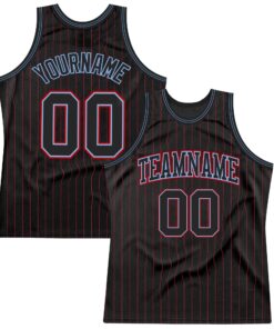 Custom Black Red Pinstripe Black Light Blue-Red Authentic Basketball Jersey