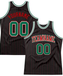 Custom Black Red Pinstripe Kelly Green-Red Authentic Basketball Jersey