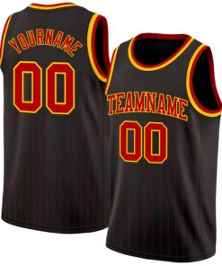 Custom Black Red Pinstripe Red-Gold Authentic Basketball Jersey