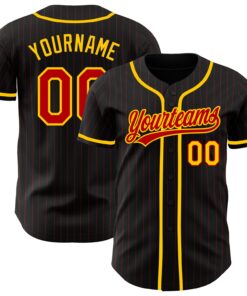 Custom Black Red Pinstripe Red-Yellow Authentic Baseball Jersey