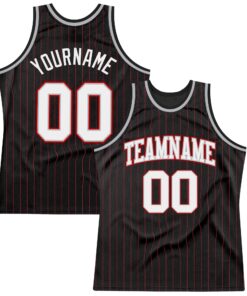 Custom Black Red Pinstripe White Gray-Red Authentic Basketball Jersey