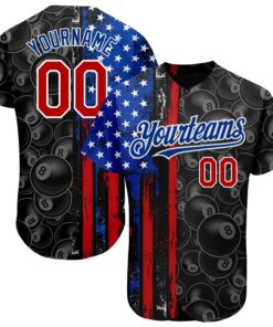 Custom Black Red-Royal 3D Pattern Design Billiards Snooker 8 Ball American Flag Authentic Baseball Jersey