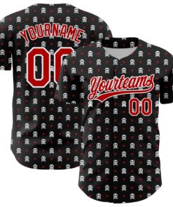 Custom Black Red-White 3D Gothic Style Skull Authentic Baseball Jersey