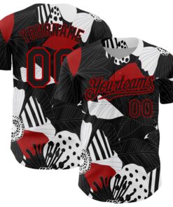 Custom Black Red-White 3D Pattern Design Flower Authentic Baseball Jersey