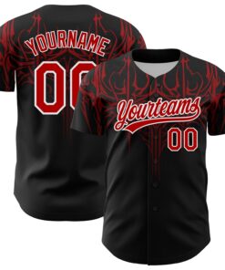 Custom Black Red-White 3D Pattern Design Gothic Style Authentic Baseball Jersey
