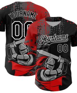 Custom Black Red-White 3D Pattern Design Knight Hero Art Authentic Baseball Jersey
