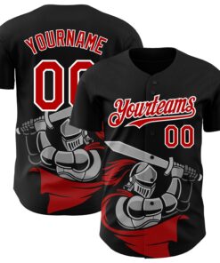 Custom Black Red-White 3D Pattern Design Knight Hero Art Authentic Baseball Jersey