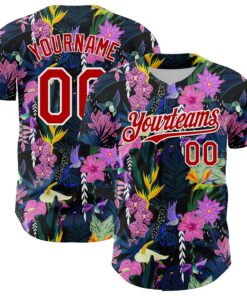 Custom Black Red-White 3D Pattern Design Tropical Anthurium Flower Authentic Baseball Jersey